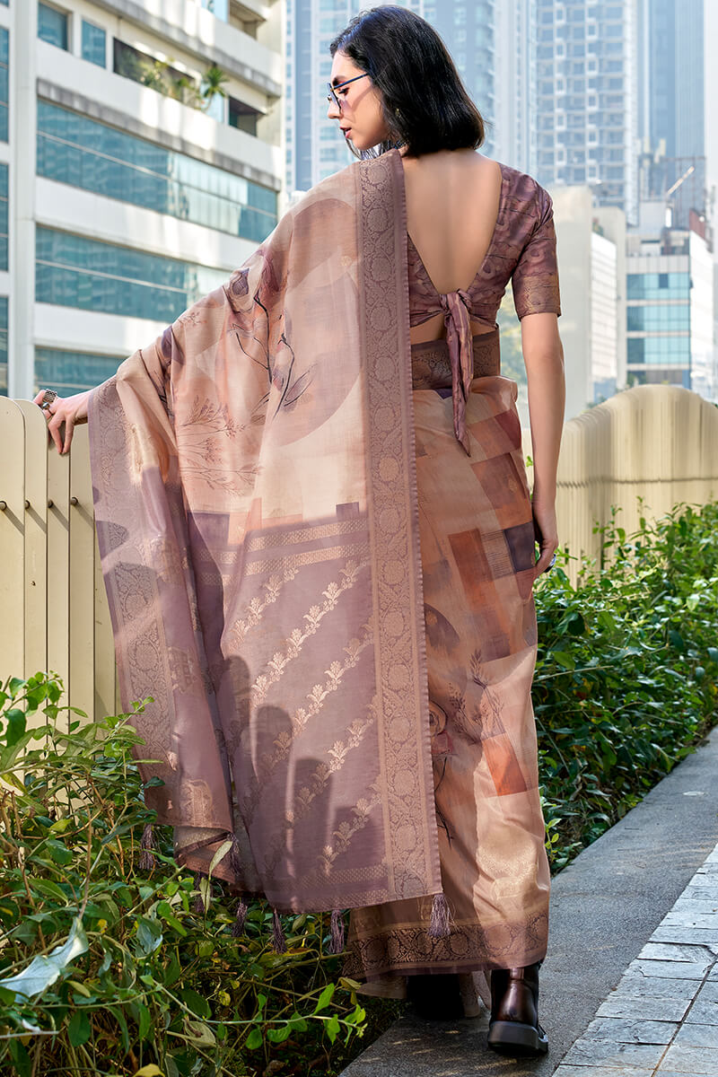 Demure Brown Digital Printed Soft Silk Saree With Forbearance Blouse Piece