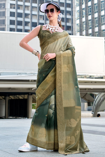 Scintilla Green Digital Printed Soft Silk Saree With Fragrant Blouse Piece
