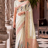 Demure Off White Soft Banarasi Silk Saree With Palimpsest Blouse Piece