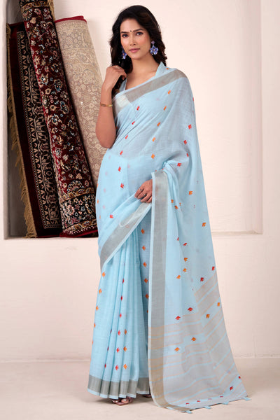 Pretty Sky Cotton Silk Saree With Prominent Blouse Piece
