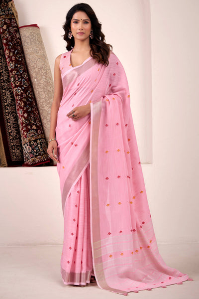 Gleaming Pink Cotton Silk Saree With Symmetrical Blouse Piece