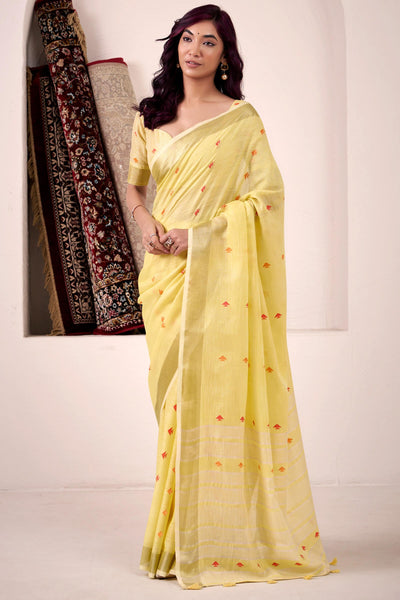 Evocative Yellow Cotton Silk Saree With Elegant Blouse Piece