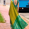 Scrumptious Mehndi Soft Banarasi Silk Saree With Splendorous Blouse Piece