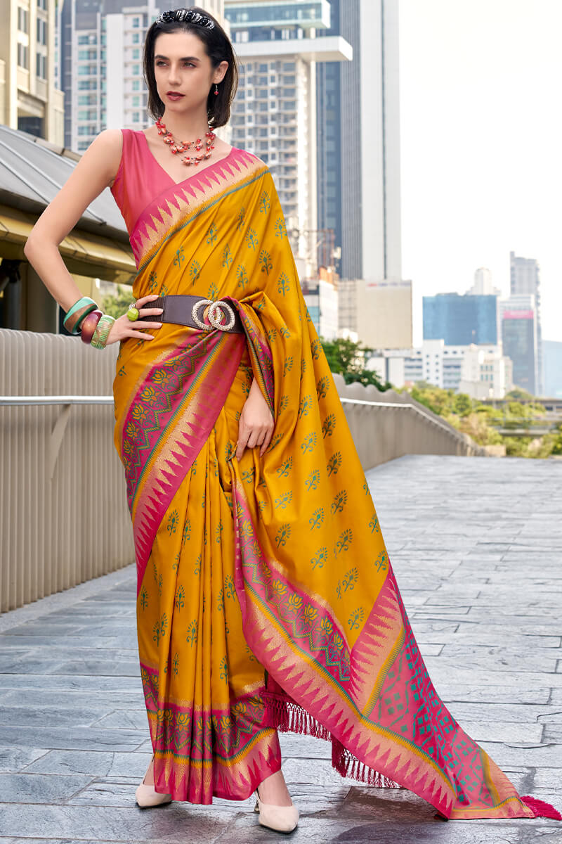 Stunner Yellow Soft Banarasi Silk Saree With Elision Blouse Piece