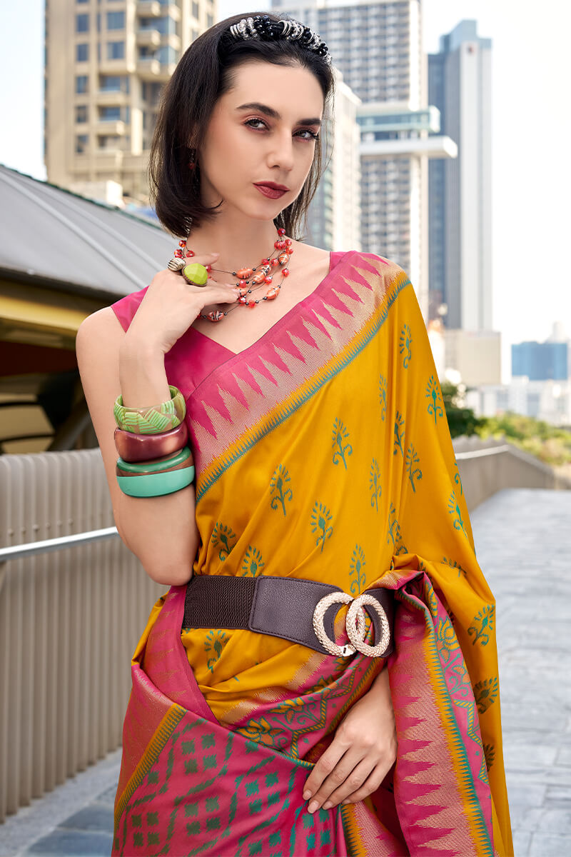 Stunner Yellow Soft Banarasi Silk Saree With Elision Blouse Piece