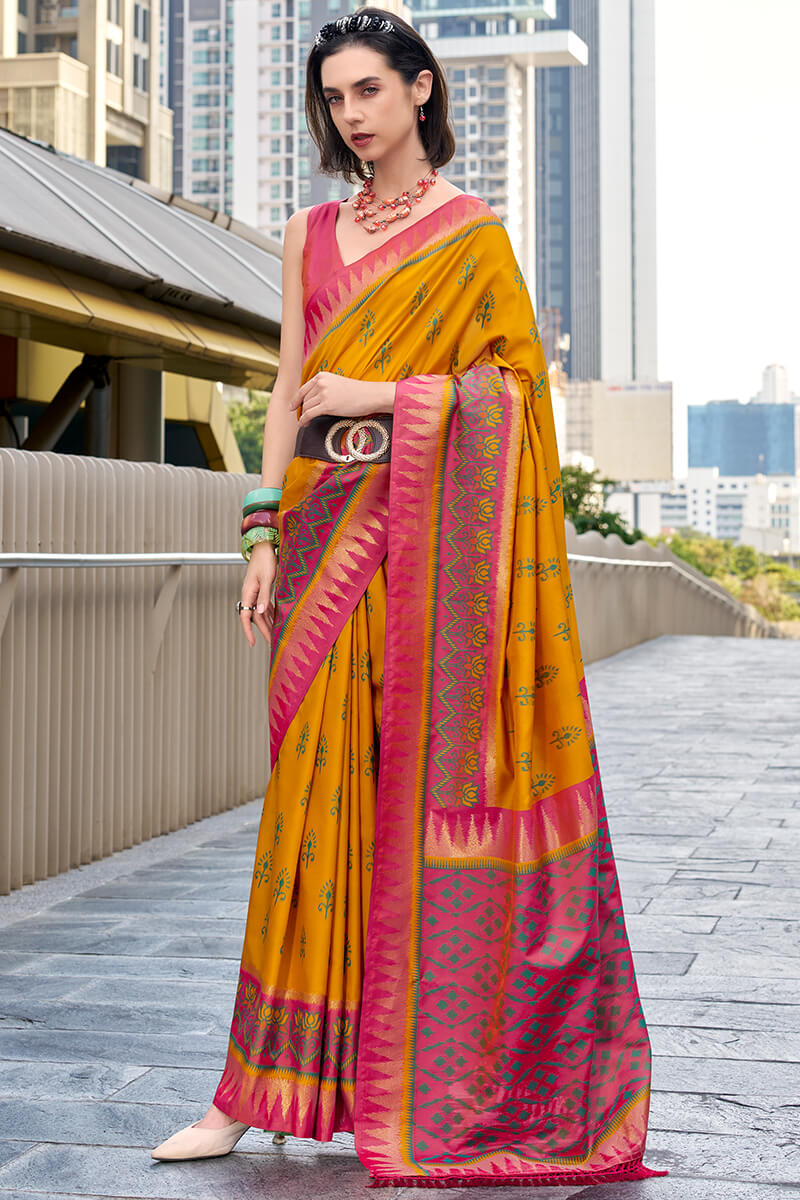 Stunner Yellow Soft Banarasi Silk Saree With Elision Blouse Piece
