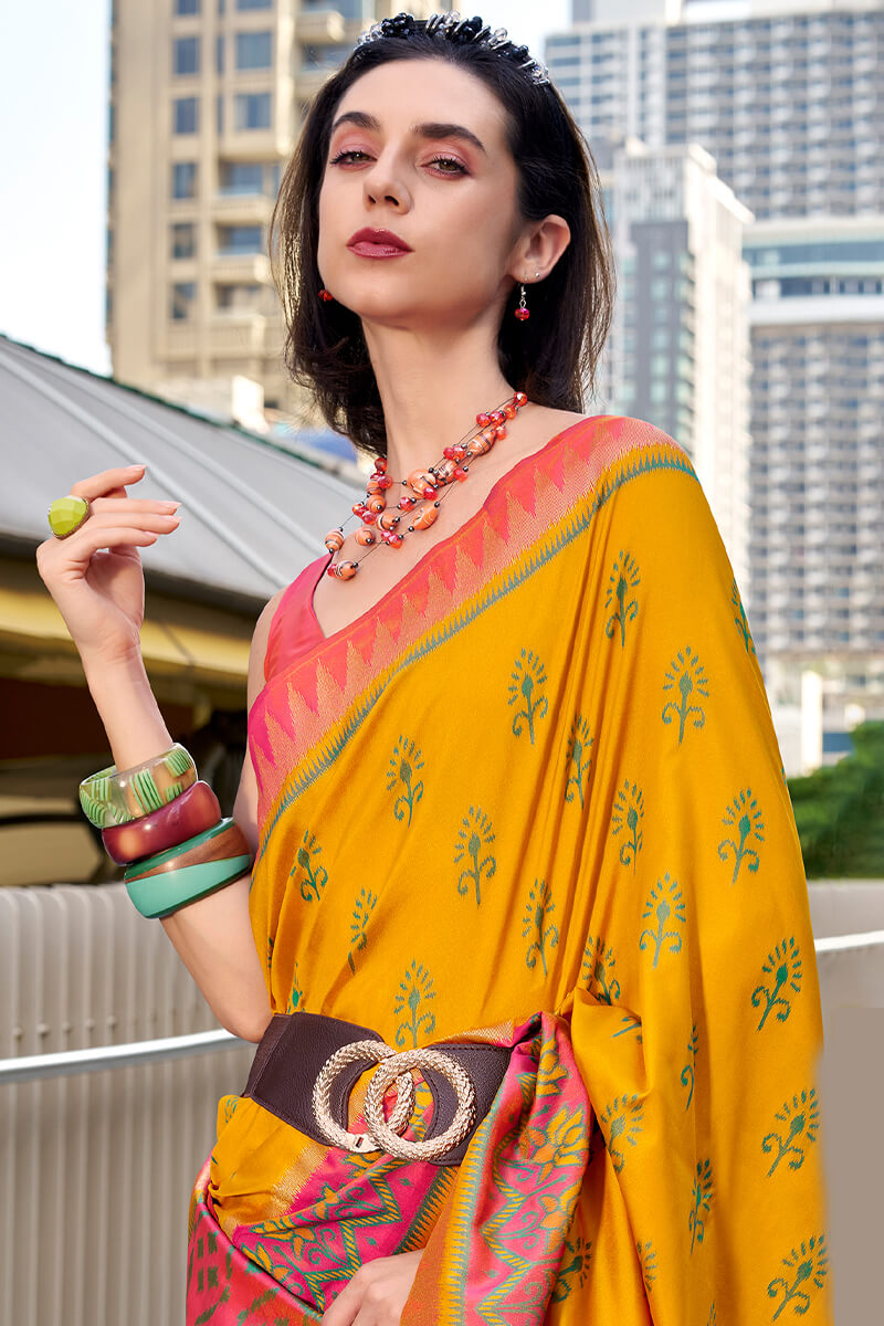 Stunner Yellow Soft Banarasi Silk Saree With Elision Blouse Piece