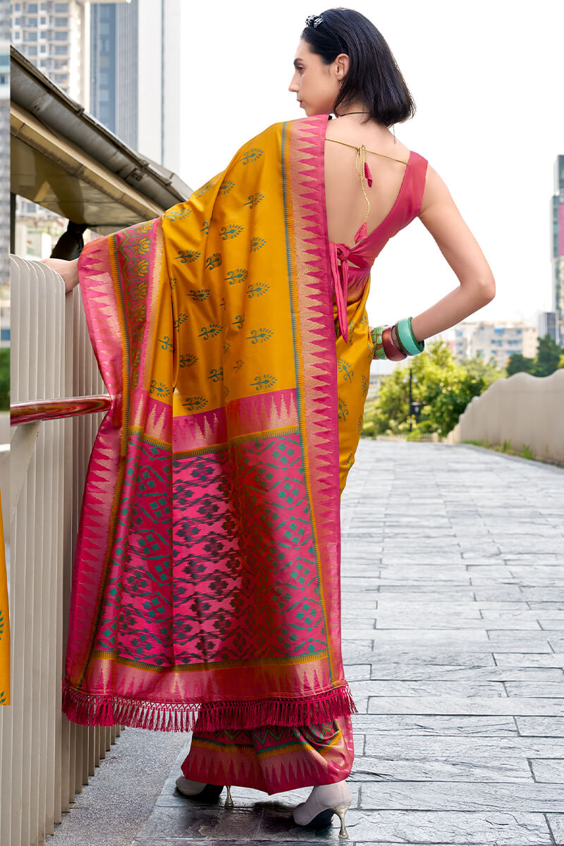 Stunner Yellow Soft Banarasi Silk Saree With Elision Blouse Piece