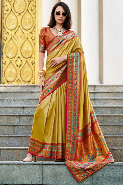 Flameboyant Yellow Paithani Silk Saree With Gossamer Blouse Piece