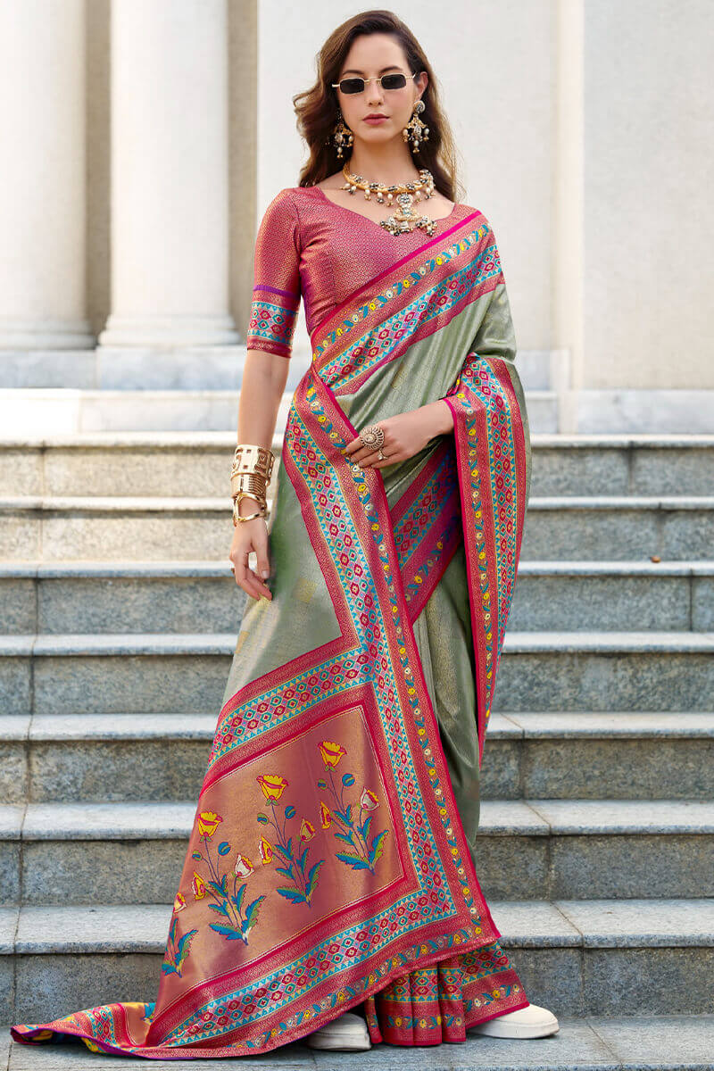 Resonant Pista Paithani Silk Saree With Invaluable Blouse Piece