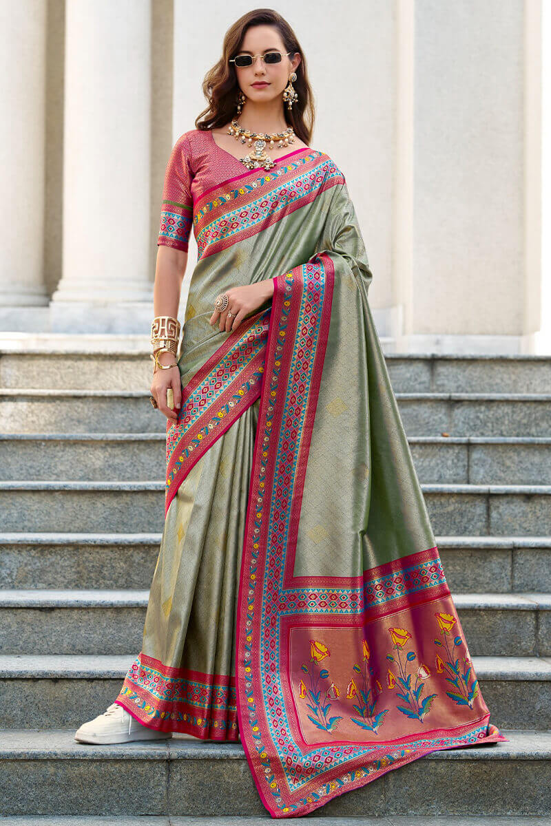 Resonant Pista Paithani Silk Saree With Invaluable Blouse Piece