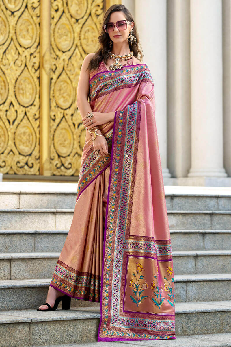 Desiring Pink Paithani Silk Saree With Lustrous Blouse Piece