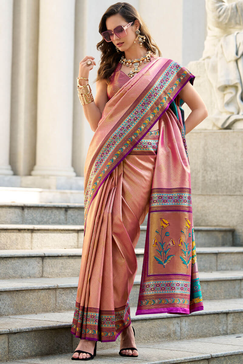 Desiring Pink Paithani Silk Saree With Lustrous Blouse Piece