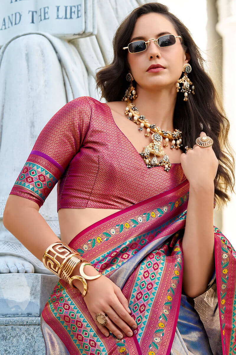 Murmurous Blue Paithani Silk Saree With Profuse Blouse Piece