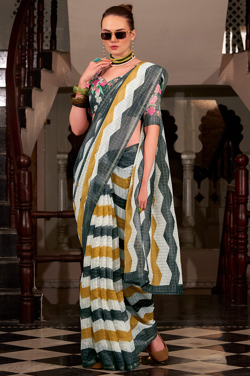 Susurrous Yellow and Black Digital Printed Cotton Silk Saree With Imaginative Blouse Piece