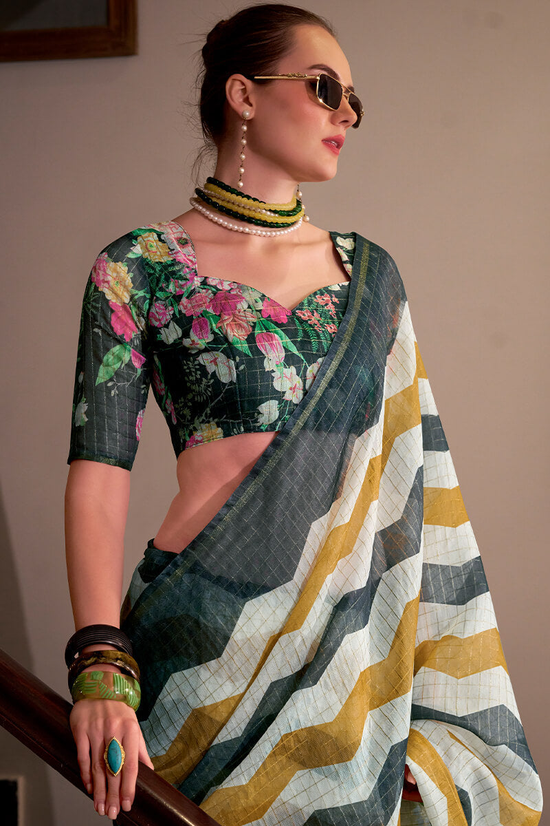 Susurrous Yellow and Black Digital Printed Cotton Silk Saree With Imaginative Blouse Piece