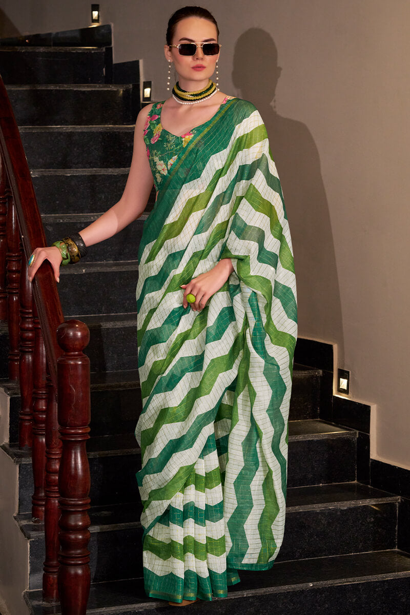Deserving Green Digital Printed Cotton Silk Saree With Grandiose Blouse Piece