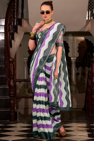 Demesne Lavender and Black Digital Printed Cotton Silk Saree With Elision Blouse Piece