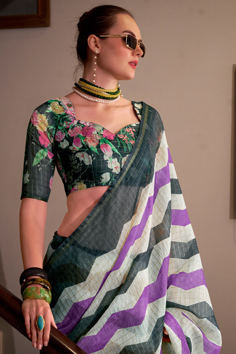Demesne Lavender and Black Digital Printed Cotton Silk Saree With Elision Blouse Piece