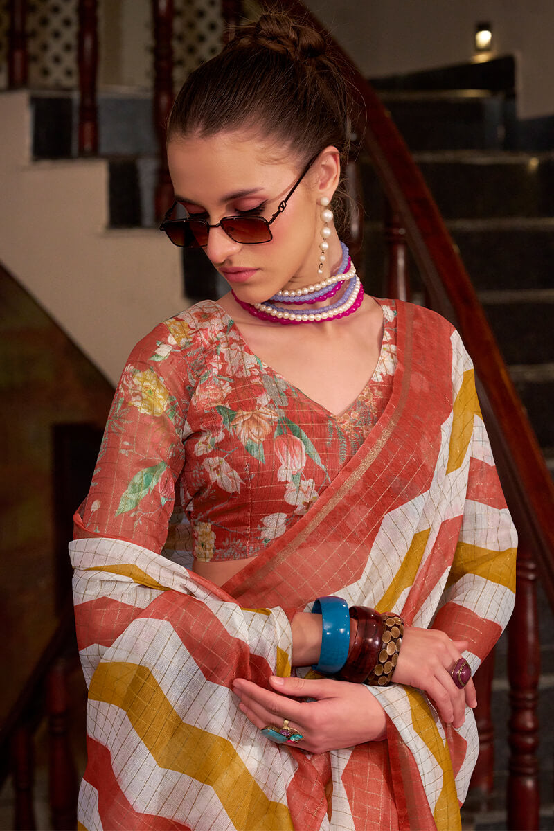 Impressive Red and Mustard Digital Printed Cotton Silk Saree With Glamorous Blouse Piece