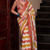 Impressive Red and Mustard Digital Printed Cotton Silk Saree With Glamorous Blouse Piece
