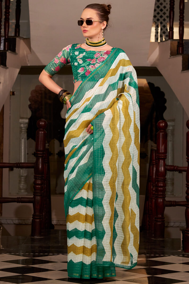 Ratatouille Green and Mustard Digital Printed Cotton Silk Saree With Engaging Blouse Piece