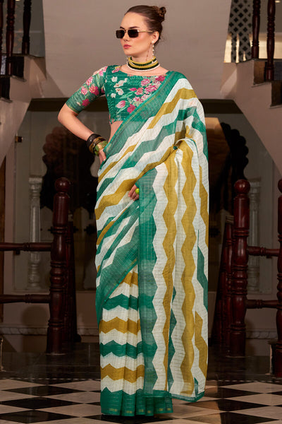 Ratatouille Green and Mustard Digital Printed Cotton Silk Saree With Engaging Blouse Piece