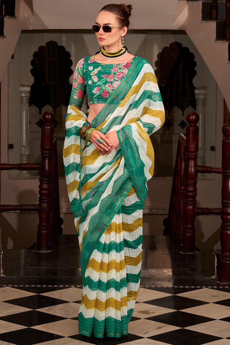 Ratatouille Green and Mustard Digital Printed Cotton Silk Saree With Engaging Blouse Piece