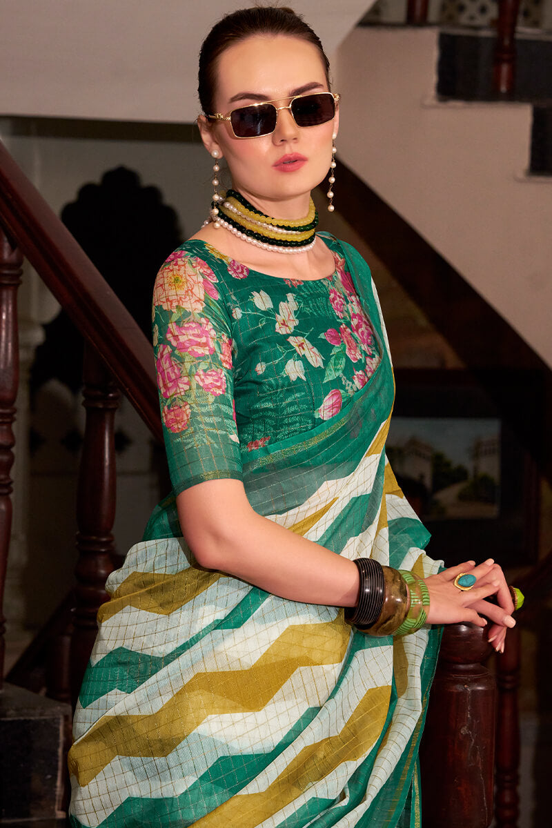 Ratatouille Green and Mustard Digital Printed Cotton Silk Saree With Engaging Blouse Piece