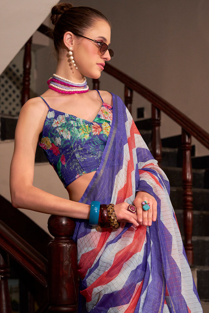 Epiphany Red and Blue Digital Printed Cotton Silk Saree With Gratifying Blouse Piece