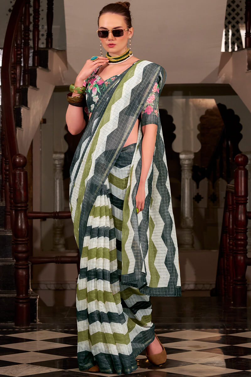Dissemble Green and Black Digital Printed Cotton Silk Saree With Alluring Blouse Piece