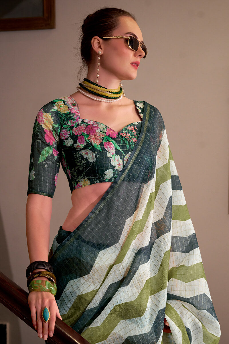 Dissemble Green and Black Digital Printed Cotton Silk Saree With Alluring Blouse Piece