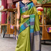 Exceptional Mehndi Soft Banarasi Silk Saree With Mesmeric Blouse Piece