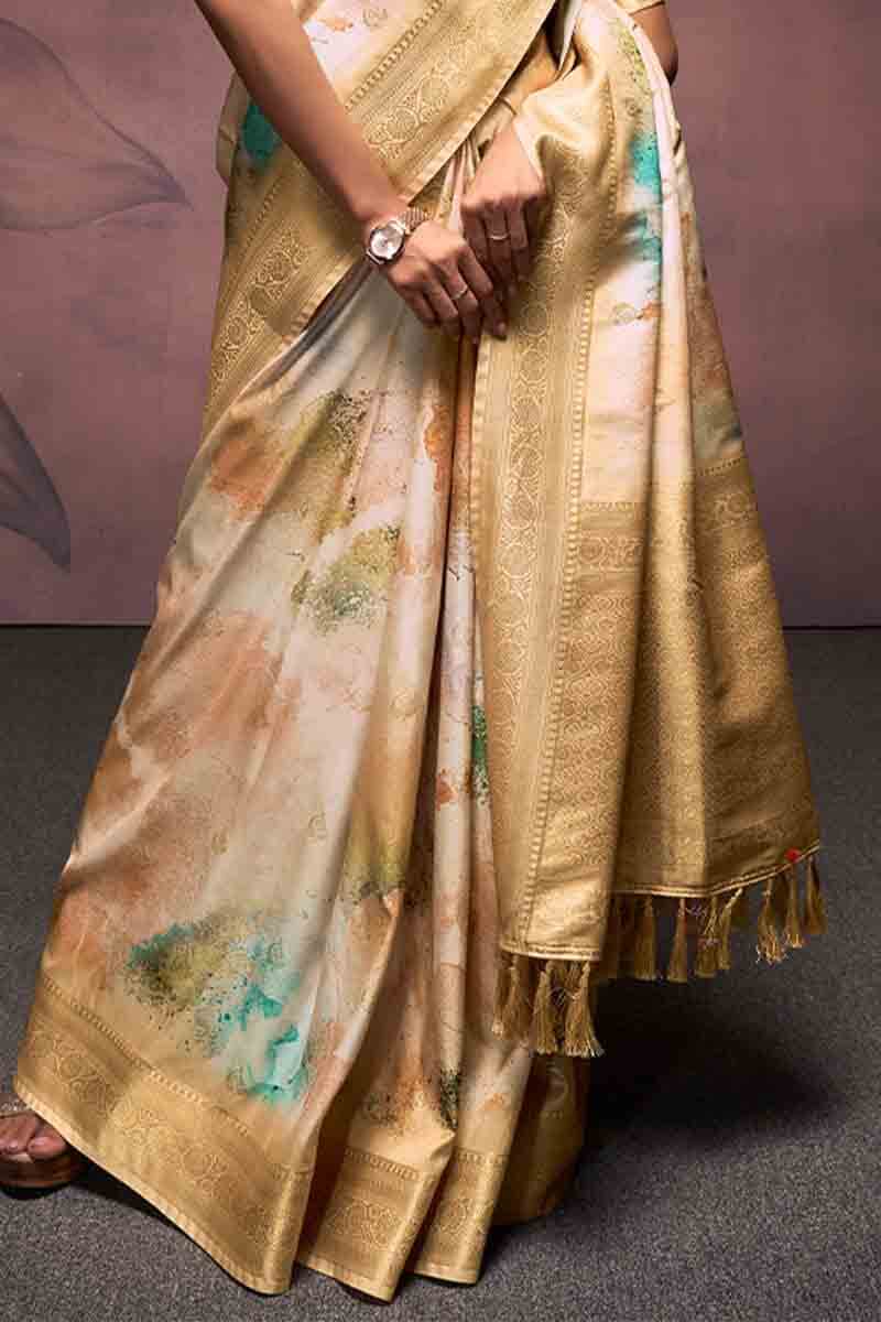 Outstanding Beige Digital Printed Soft Silk Saree With Jazzy Blouse Piece