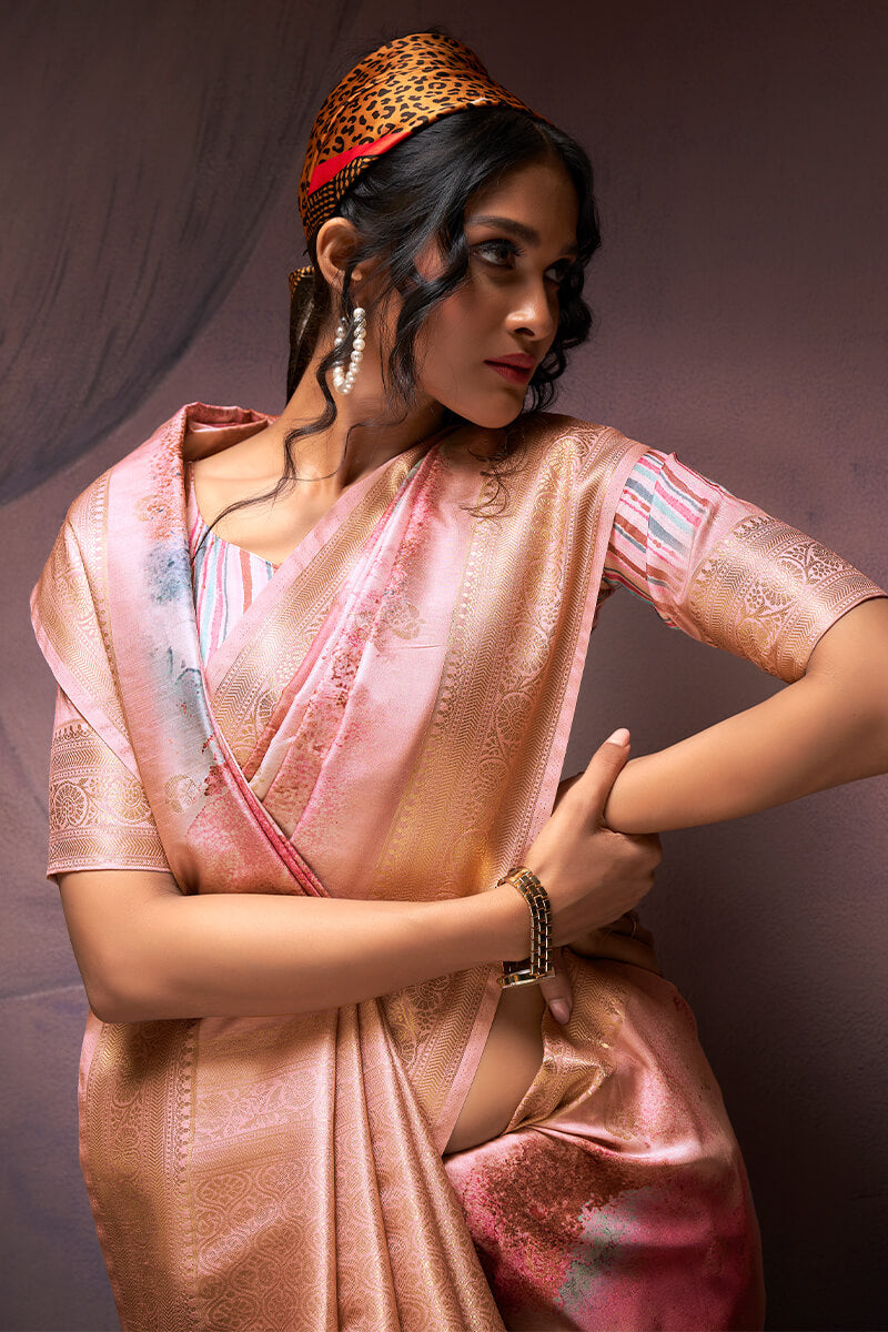 Petrichor Baby Pink Digital Printed Soft Silk Saree With Serendipity Blouse Piece