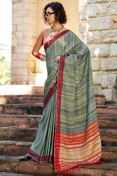 Lagniappe Dark Green Cotton Silk Saree With Vestigial Blouse Piece