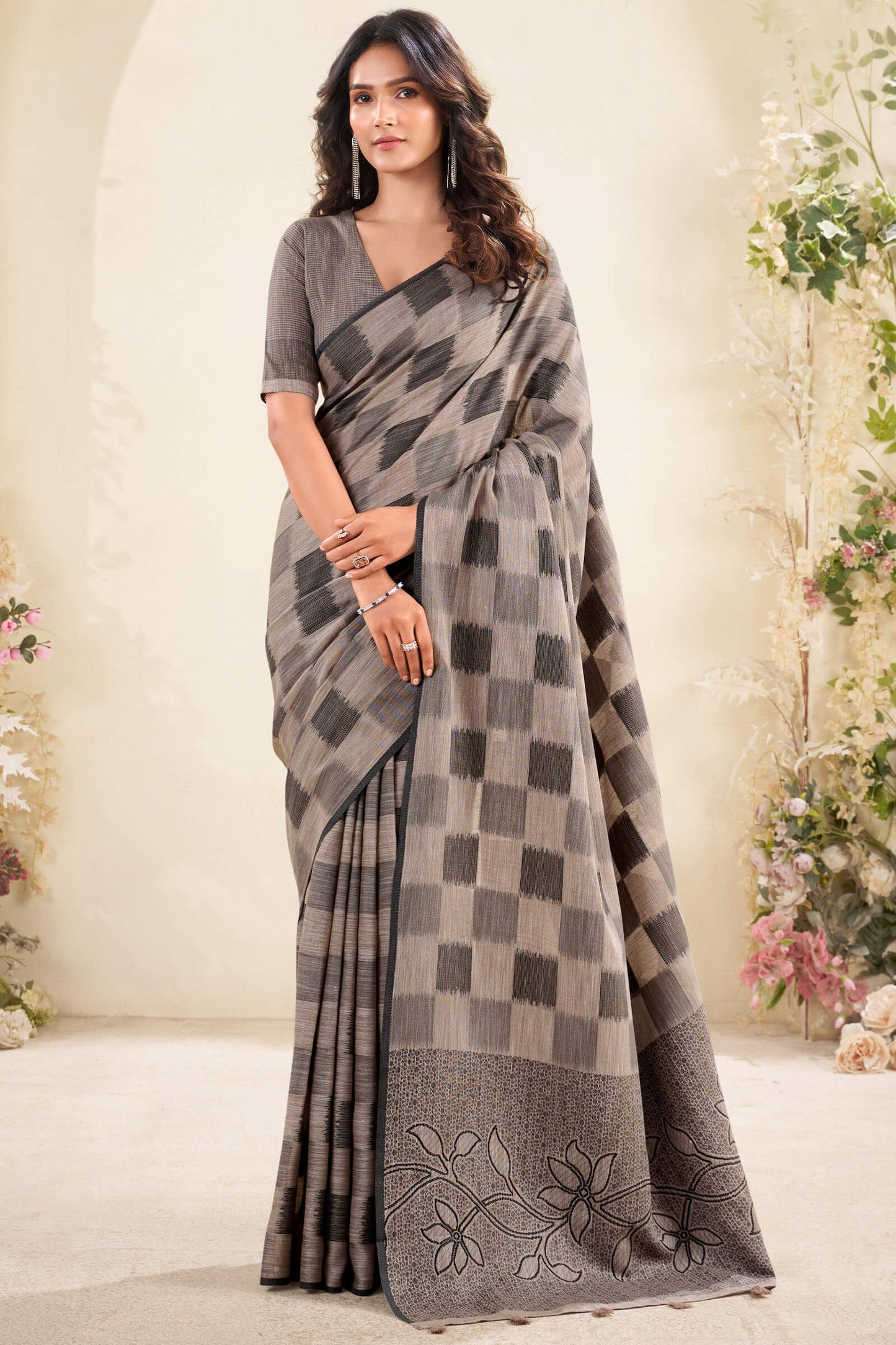 Super Classy Brown Cotton Silk Saree With Eclat Blouse Piece