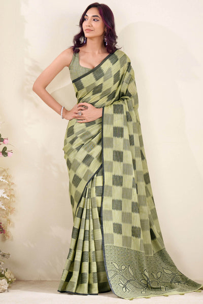 Stylish Green Cotton Silk Saree With Innovative Blouse Piece