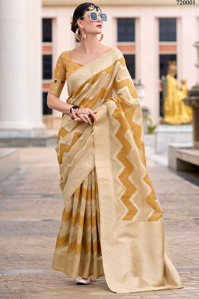Petrichor Beige and Mustard Cotton Silk Saree With Conflate Blouse Piece
