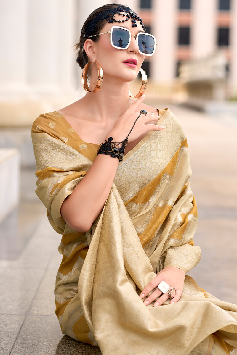Petrichor Beige and Mustard Cotton Silk Saree With Conflate Blouse Piece