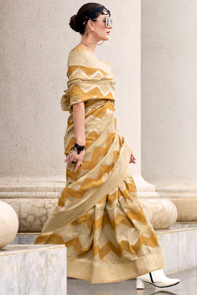 Petrichor Beige and Mustard Cotton Silk Saree With Conflate Blouse Piece