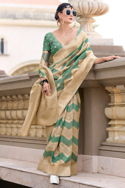 Evanescent Beige and Green Cotton Silk Saree With Lassitude Blouse Piece