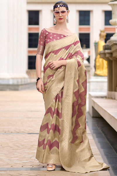 Snappy Beige and Wine Cotton Silk Saree With Exquisite Blouse Piece