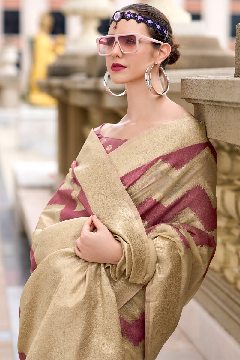 Snappy Beige and Wine Cotton Silk Saree With Exquisite Blouse Piece