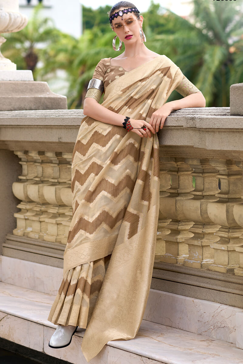 Enamoring Beige and Brown Cotton Silk Saree With Ravishing Blouse Piece