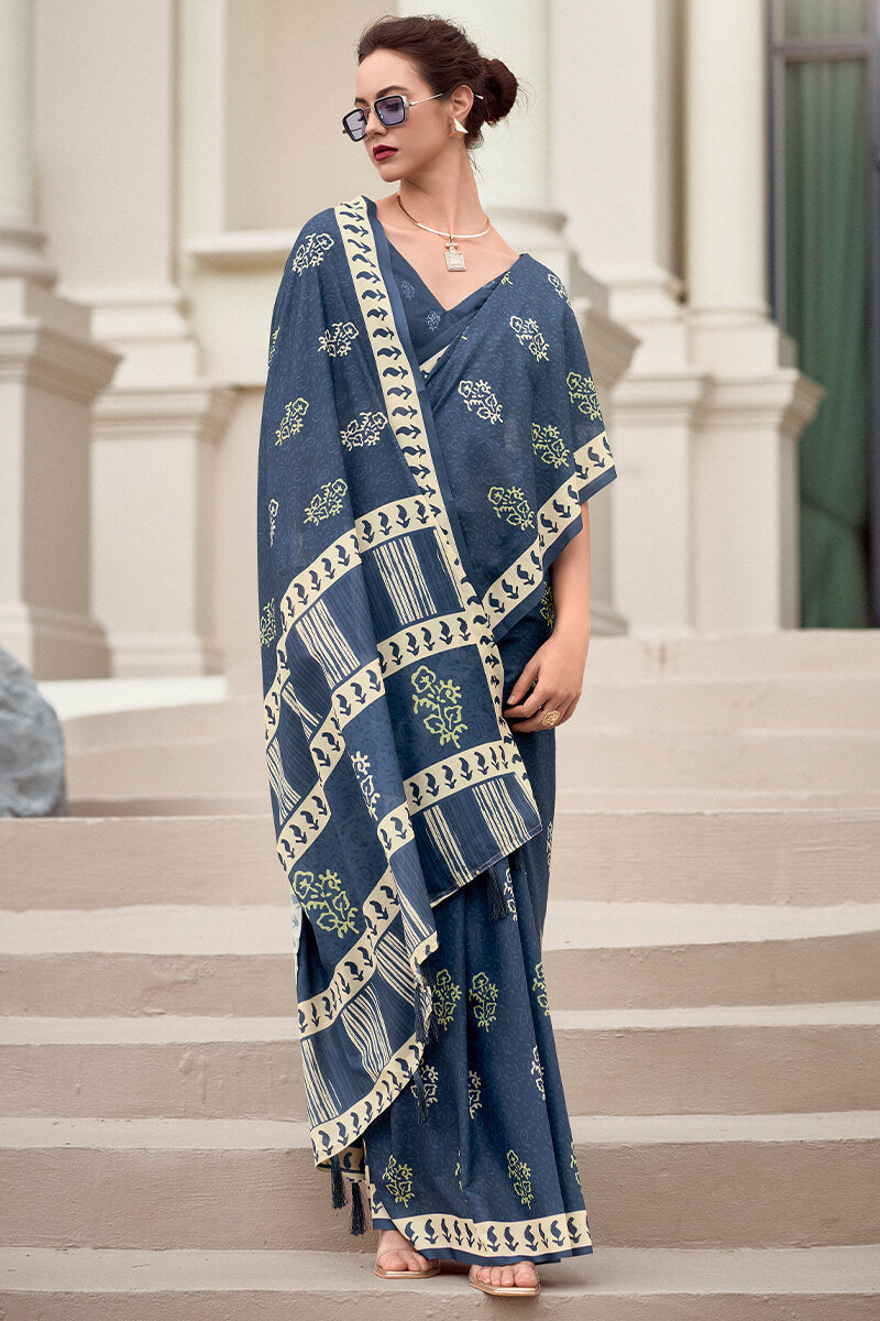 Smashing Navy Blue Printed Mul Cotton Saree With Enchanting Blouse Piece