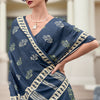 Smashing Navy Blue Printed Mul Cotton Saree With Enchanting Blouse Piece