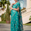 Conflate Firozi Printed Mul Cotton Saree With Diaphanous Blouse Piece