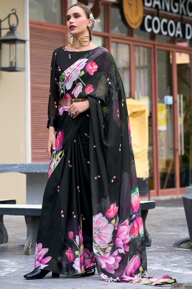 Bewitching Black Digital Printed Georgette Saree With Majestic Blouse Piece