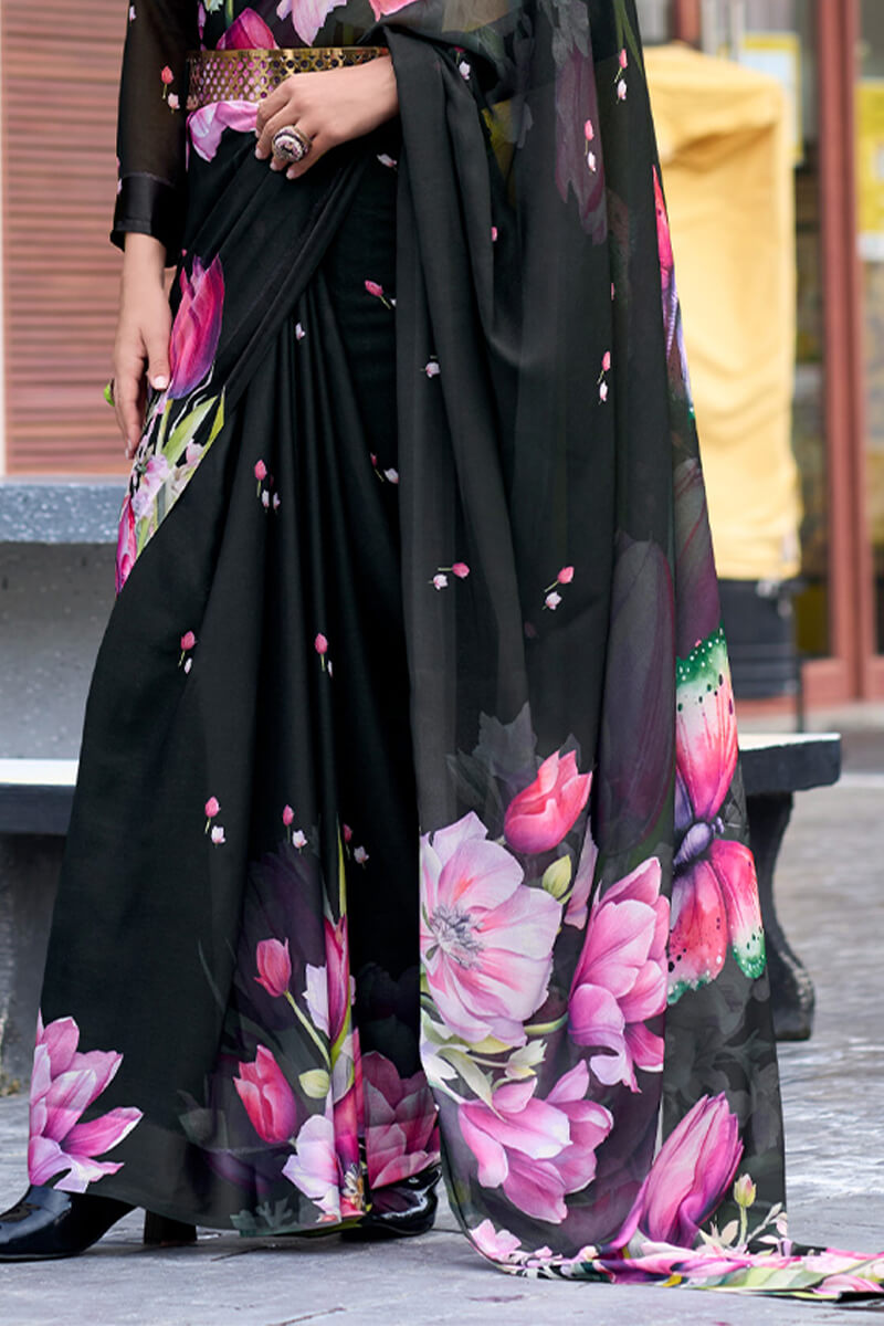 Bewitching Black Digital Printed Georgette Saree With Majestic Blouse Piece